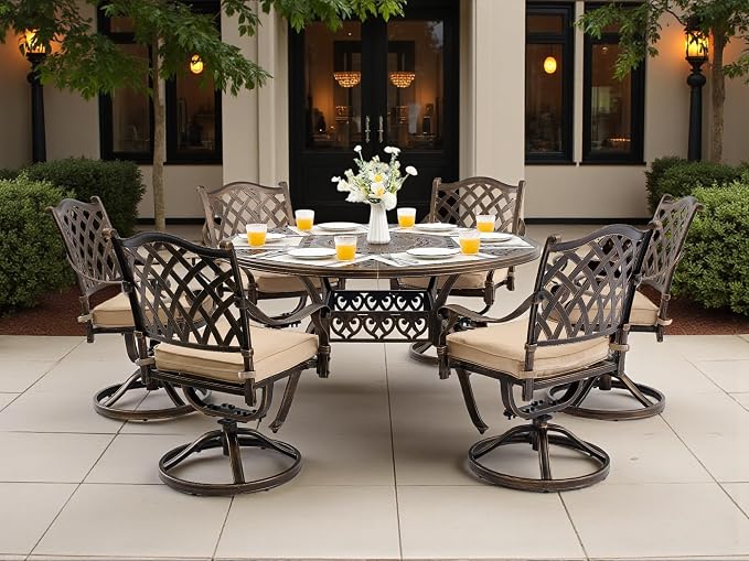Outdoor Dining Set Cast Aluminum Retro Patio Dining Set with Thicker Cushion and Umbrella Hole for Patio Deck (Bronze Swivel Chair(Lattice), 7 Pcs(54" Round Table))