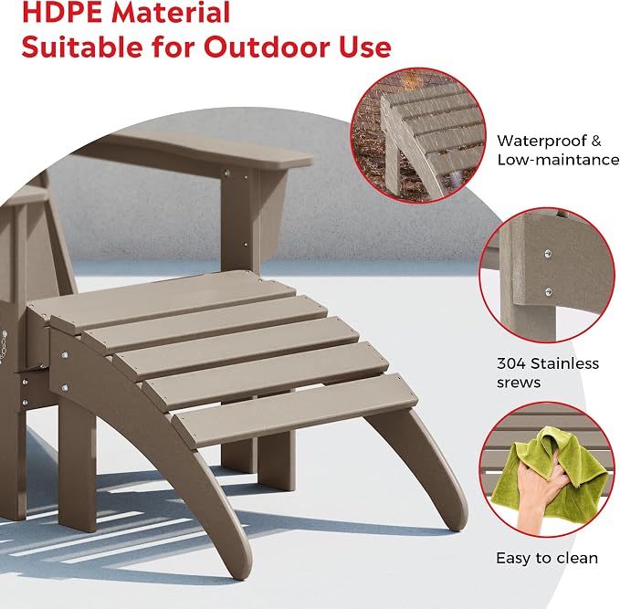 Costaelm Lakeview 4-Piece Outdoor Patio HDPE Adirondack Chairs with Ottomans and Cup Holder Set, Weathered Wood