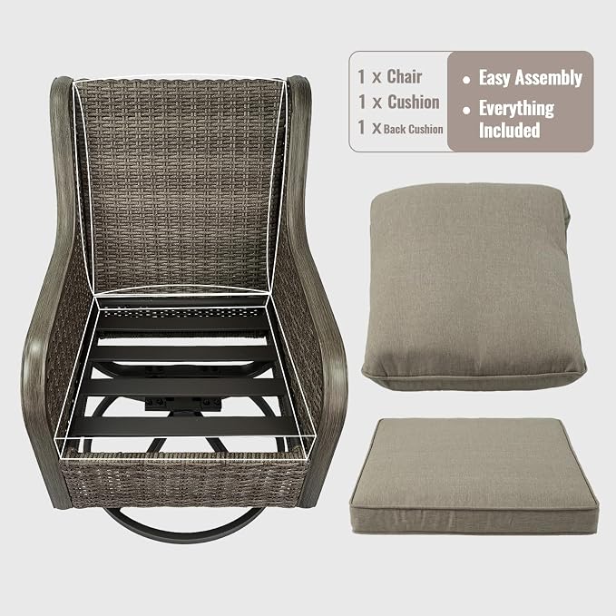 Swivel Patio Chair, High Back Outdoor Rattan Chair with Thick Cushions, Hand-Woven Wicker Furniture for Balcony Garden Deck