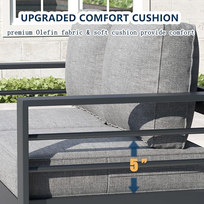 7 Pieces Aluminum Outdoor Patio Furniture Set with Fire Pit Table, Modern Metal Conversation Sofa Set with Deep Seating