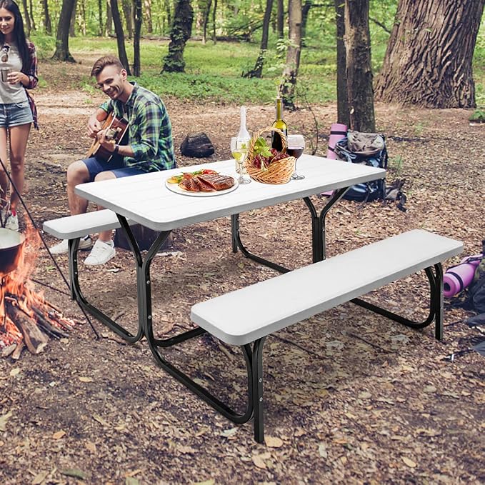 ORALNER Picnic Table, Resin Dining Table & 2 Benches Set, Weather Resistant Wood Grain Plastic Tabletop & Steel Frame, Picnic Tables for Outdoors, Porch Yard Patio Lawn Party Camping (White)