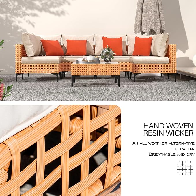 5 Piece Outdoor Patio Furniture Set Modular Wicker Sectional Sofa with Cushions and Table for Balcony, Porch, Deck, Yard (Salmon&Orange Wicker, Sand Cushion)