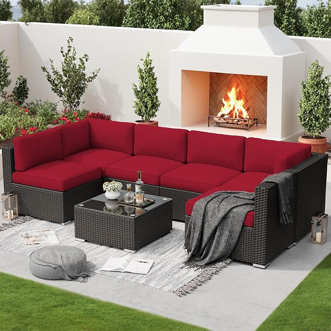 SUNCROWN 7-Piece Outdoor Patio Furniture Sofa Set All-Weather Wicker Sectional Conversation Set with Modern Glass Coffee Table and Cushions, Backyard, Garden, Red