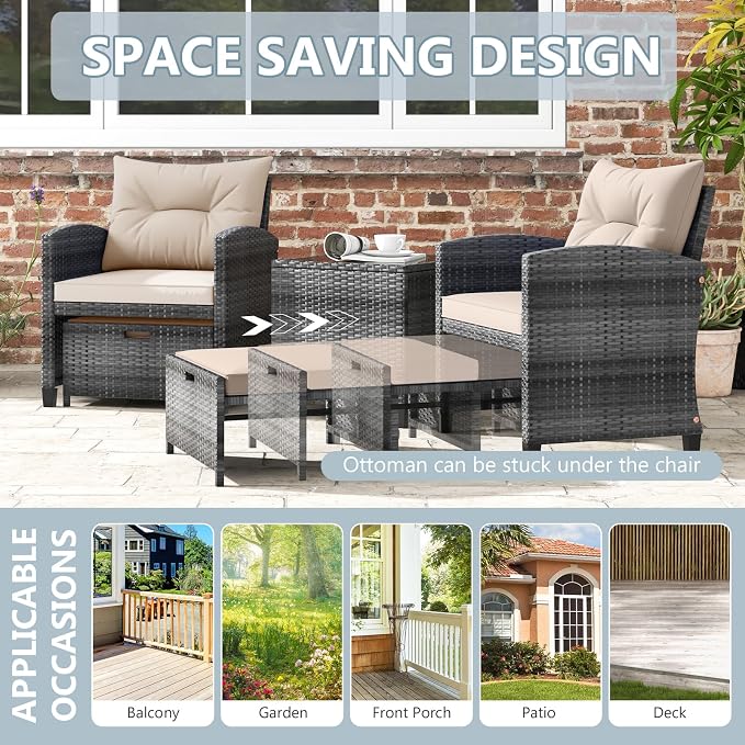 ORALNER 5 Pieces Patio Furniture Set with Ottoman, Wicker Conversation Set w/Cushions, Glass Coffee Table, Outdoor Lounger Rattan Chairs Bistro Set for Porch Balcony Garden Deck Poolside (Beige)