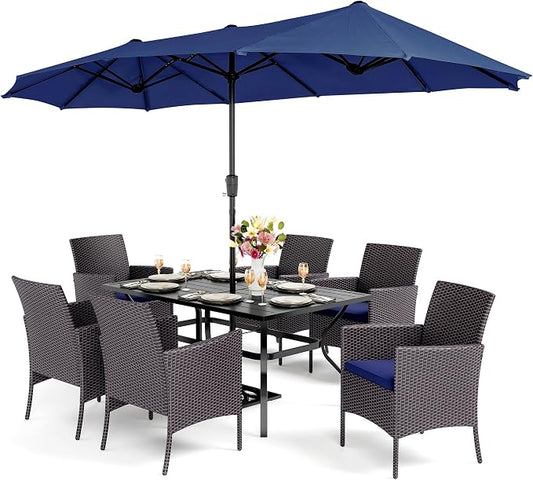 PHI VILLA 7pc Patio Dining Set w/Umbrella, Rectangular Table, Rattan Chairs | Outdoor Dining Set for 6, 60” Metal Table & 6 Cushioned Rattan Chairs with Blue Umbrella for Outdoor, Deck, Yard, Porch