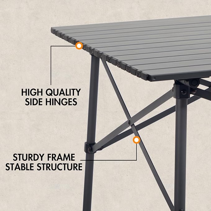 Portal Lightweight Aluminum Folding Square Table Roll Up Top 4 People Compact Table with Carry Bag for Camping, Picnic, Backyards, BBQ, Dark Gray