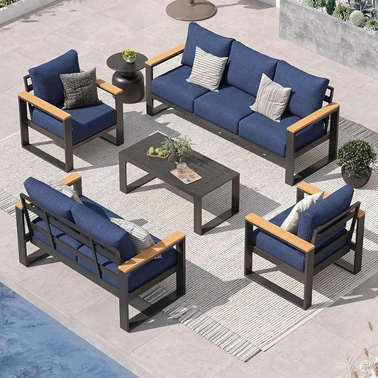 Sundale Outdoor Aluminum Patio Furniture Set, 5 Piece Outdoor Conversation Sets with Coffee Table and 6" Thick Olefin Cushions, All Weather Outdoor Sectional Set for Deck, Lawn, Yard (Navy Blue)