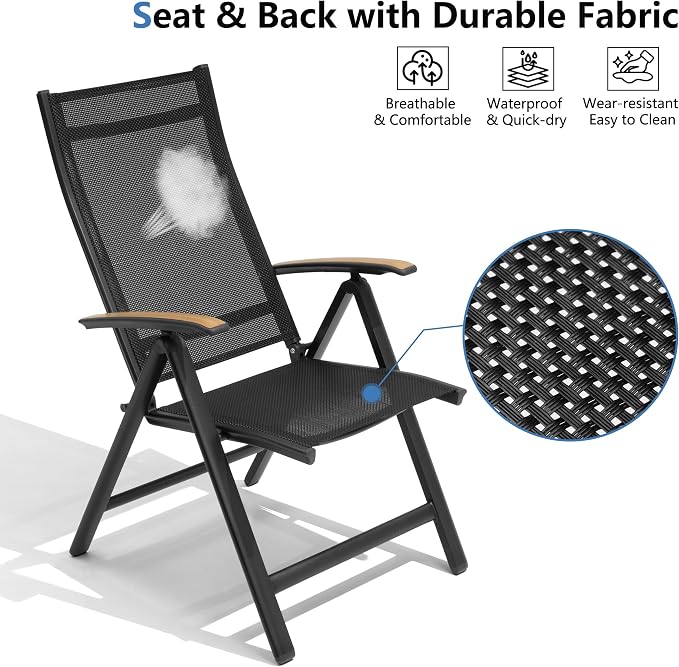 Pellebant 2 Pieces Aluminum Outdoor Dining Chair, Patio Foldable Adjustable Backrest Armchairs, Weather Resistant Outdoor Furniture Set for Deck, Porch & Backyard