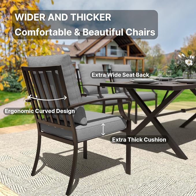 Gotland 7 Piece Outdoor Dining Set, Metal Outdoor Table and Chairs with X-Shaped Legs 1.5" Umbrella Hole, Patio Furniture Set with Waterproof Cushions, Patio Dining Sets for Backyard Deck Gray