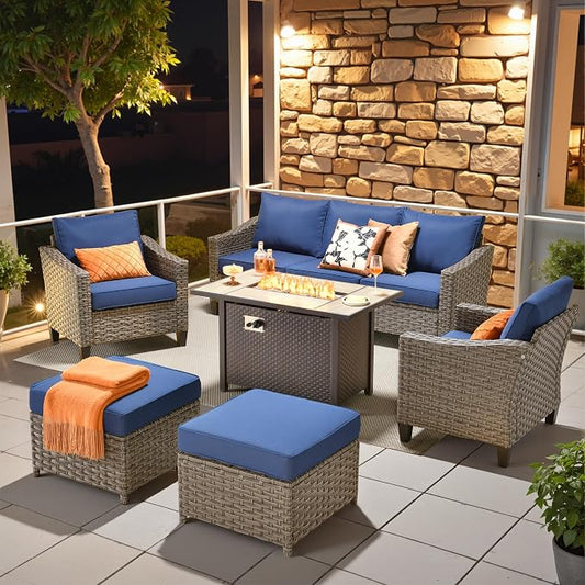 CAODOC Wicker Patio Furniture Set,7 Pieces Modern Outdoor Conversation Set Sectional Sofa with Cushion and Ottomans for Garden, Poolside, Backyard