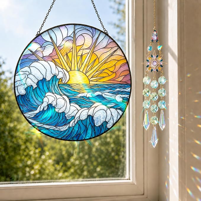 Statement Deluxe Bundle | Stained Glass Window Hanging, Ocean Sunrise 3D Embossed Diamond Glass Suncatcher, 7-Piece Coastal Gift Set with Crystal Pendant & Invisible Hooks