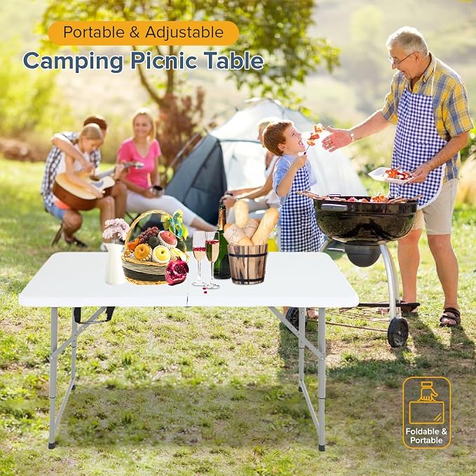 Dopinmin Camping Table 4 FT Foldable Table with Bulid in Handle Plastic Picnic Table,Folding and Portable for Party Dining Picnic Wedding Office,White