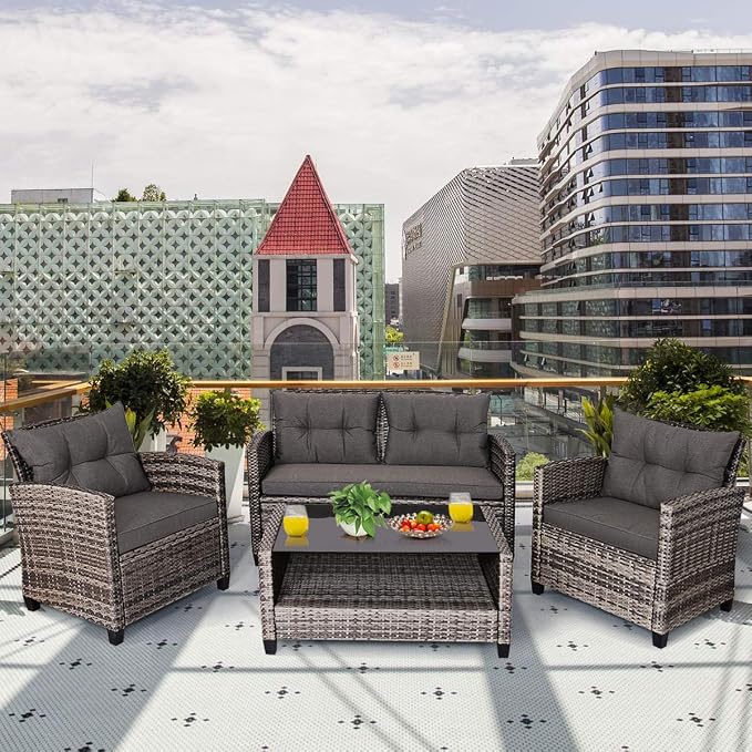 Tangkula 4 PCS Patio Wicker Conversation Furniture Set, Outdoor Rattan Sofa Set with Padded Cushion & Tempered Glass Coffee Table, Wicker Sectional Sofas & Table for Courtyard Balcony Garden (1, Grey)