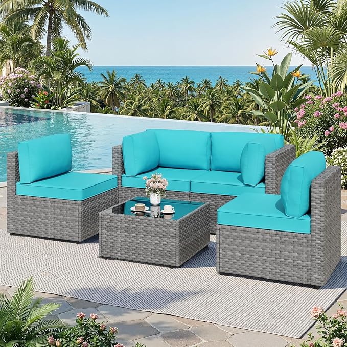 JAMFLY 5-Piece Patio Furniture Set, All-Weather Wicker Outdoor Sectional Sofa with Soft Cushions, Modular Conversation Set for Backyard, Deck, Garden & Poolside(Blue Cushion)