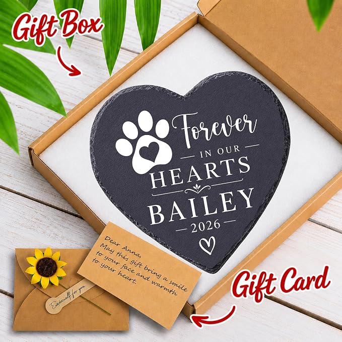 Personalized Pet Memorial Stone, Forever in Our Hearts Dog Cat Memorial Garden Stone, Passing Away Sympathy Gift for Loss of Dog, Waterproof Natural Slate Remembrance for Indoor Outdoor