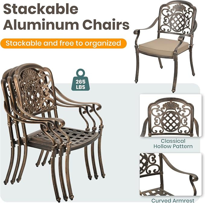 Pamapic 5-Piece Patio Table and Chair Set, Cast Aluminum Dining Set with Vintage Table Top, Outdoor Furniture Set with 4 Outdoor Stackable Chairs for Patio, Garden, Poolside (with 4 Cushion,Bronze)