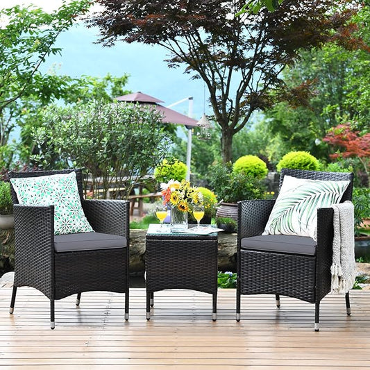 Tangkula Patio Furniture Set 3 Piece, Outdoor Wicker Rattan Conversation Set with Coffee Table, Chairs & Thick Cushions, Suitable for Patio Garden Lawn Backyard Pool (Grey)