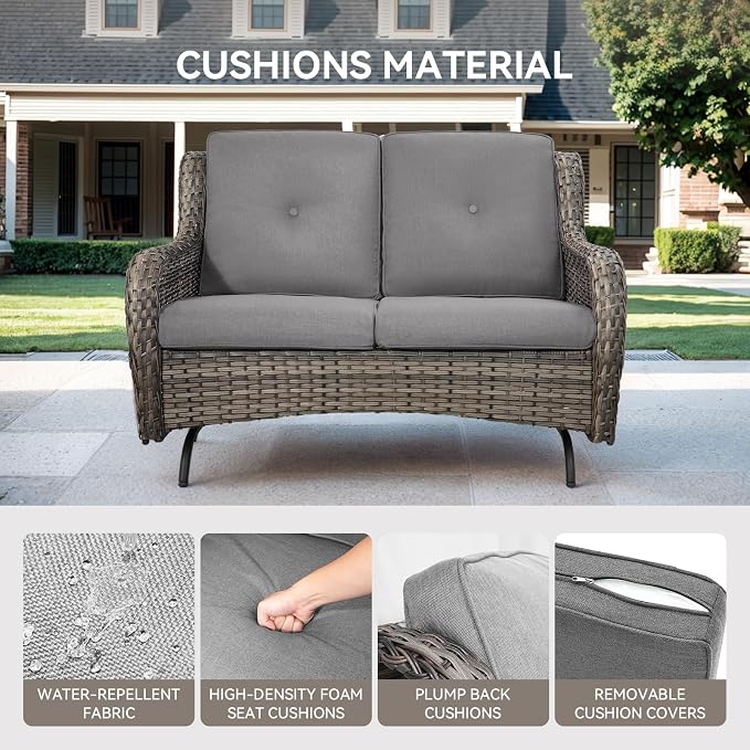 Patio Loveseat Wicker Loveseat Rattan Glider Sofa with Curved Armrest Thicking Back & Seat Cushions for Garden Balcony Backyard Grey Wicker|Grey Cushions (A) Patio Loveseat Glider
