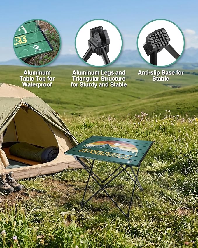 VILLEY Portable Camping Side Table, Ultralight Aluminum Folding Camp Table with Mountain Silhouette Print and Carry Bag, Compact Outdoor Picnic Table for Camping, Beach, Hiking, Travel, Small