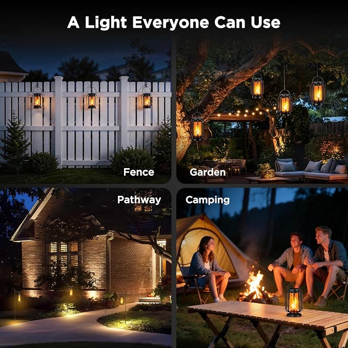 Hompavo Gen2 Solar Lanterns Outdoor Lights with Ultra-Real Flame | USB/Solar Charging & 4-Mode, Waterproof Decorative Hanging/Table Light for Pathway Yard Patio Garden Decor Gifts for Women, 4