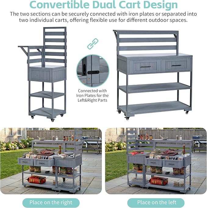 RUNNA 4-Piece Outdoor Rolling Kitchen Island with Sink w/Faucet, Solid Wood Grill Table with Storage Cabinets, Drawers, Stainless Table Top and Movable Shelves for Garden (Gray#38)