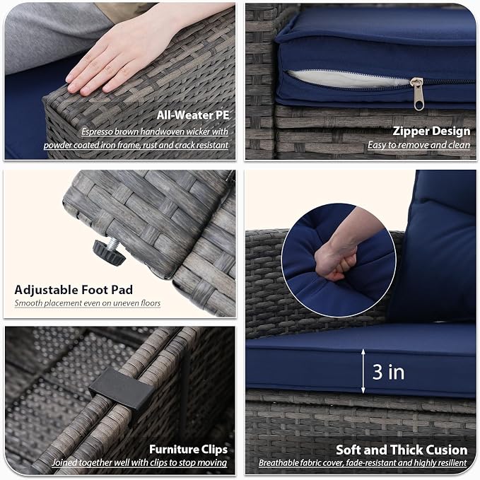 JOIVI 8 Pieces Outdoor Patio Furniture Set with Height-Adjustable Lifting Dining Table, Wicker Sectional Furniture Sofa Set with Storage Box, Patio Conversation Set for Backyard, Deck, Navy Blue