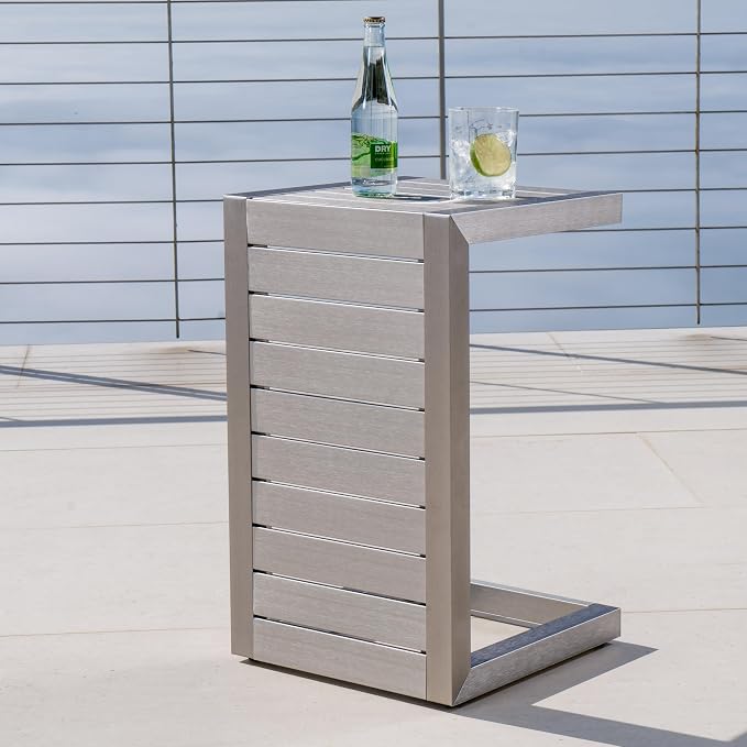 C-Shaped Outdoor Side Table 14.5" D x 15" W x 24" H Aluminum Frame Silver Patio Furniture