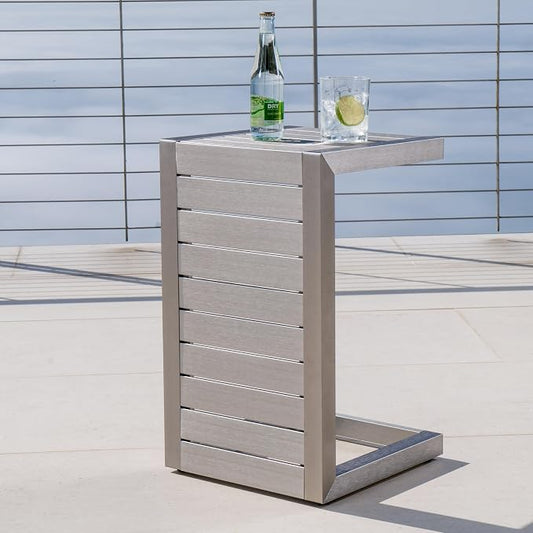 24" H Aluminium Black Patio Side Table, Small C-Shaped Outdoor Sofa Table,Coffee Table for Patio, Garden,Balcon,Silver
