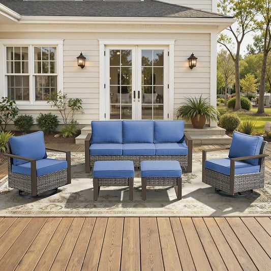 5-Piece Outdoor Patio Furniture Set with Swivel Chairs, All-Weather Wicker Sofa Set for Garden, Yard, Porch and Poolside Seating Grey/Blue