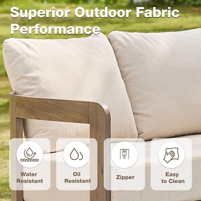 Aluminum Outdoor Patio Sofa, 3-Seat All-Weather Metal Modern Couch with Washable Thick Cushion for Garden/Backyard/Porch, Beige | All-Weather Metal