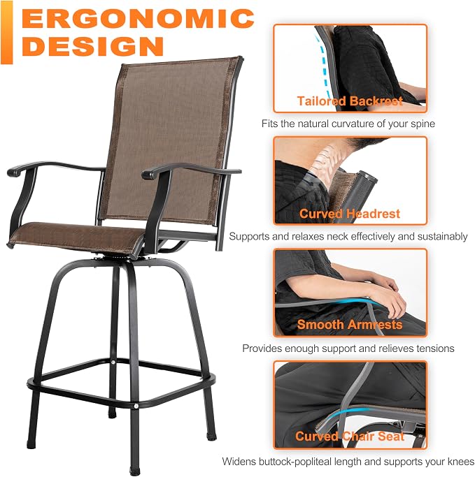NUU GARDEN 3 Piece Patio Bar Set, Textilene Bar Stools Set,Brown