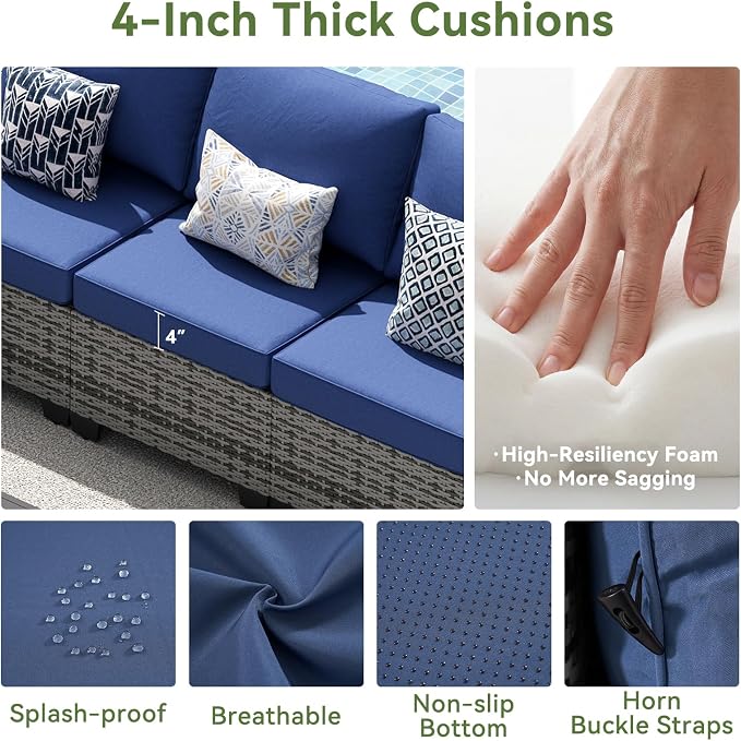 LazySunsets 9 PCS Patio Furniture Set, Outdoor Sectional All-Weather Wicker Conversation Set with Swivel Rocker Chairs, 4'' Thick Cushions for Backyard Poolside(Navy/Grey)