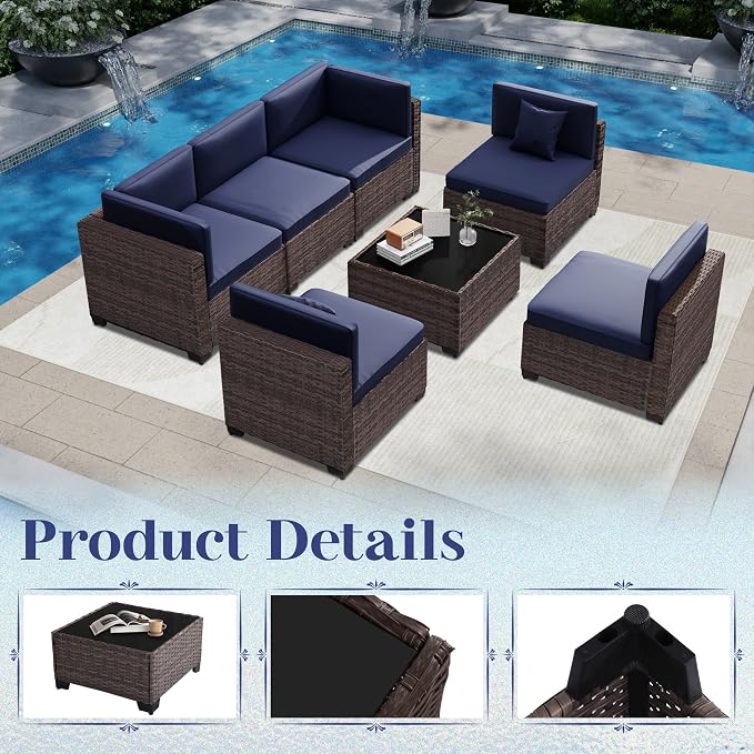 KIGOTY 14-Piece Patio Furniture Set, All-Weather PE Rattan Outdoor Sectional Sofa, Modular Wicker Conversation Set with Thick Cushions & Easy-Clean Coffee Table（Brown/Navy）
