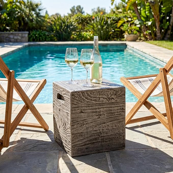 COSIEST Wooden Outdoor Side Table, Square MgO Concrete End Patio Side Table, Lightweight Cylinder Top Plant Stand with Square Base for Garden and Deck