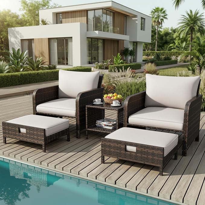 LEVELEVE Patio Conversation Set 5 Piece, Balcony Furniture Outdoor PE Rattan Wicker Lounge Chairs with Soft Cushions, 2 Ottomans & Glass Table for Porch Lawn, Brown with Beige Cushions