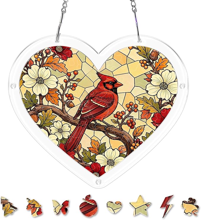 Acrylic Puzzle Suncatcher, Sun Catchers Puzzle for Window Hanging | 8.9 in Heart-shaped Cardinal DIY Suncatcher Puzzle Gifts for Adults, Women, Men, Wife, Mom, Birds Lover, Home & Garden Decor
