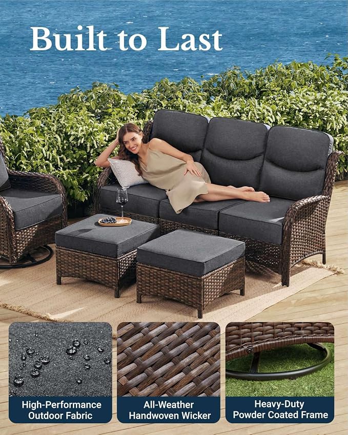 HILLGA Luxury Outdoor Patio Furniture Set with 6-Inch Thick Cushions, High Back Wicker Swivel Rocker Chairs, 13 Pcs All Weather Conversation Set for Large Deck, Yard and Poolside, Gray (V3)