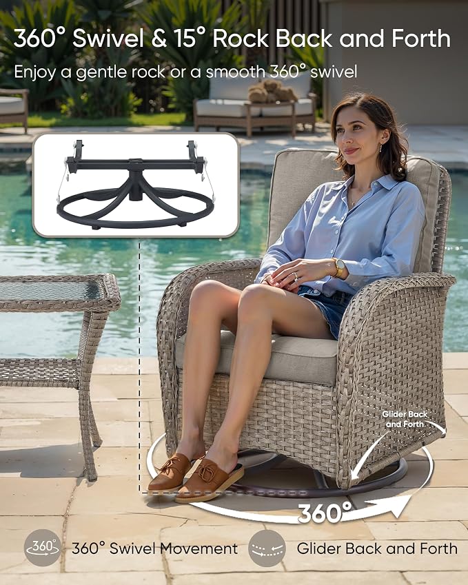 HUMMUH 3-Piece Outdoor Wicker Swivel Rocker Bistro Set, Grey | 2 swivel rocker chairs, 2-tier side table, 4 in Olefin cushions, removable covers, for porch, balcony, and poolside