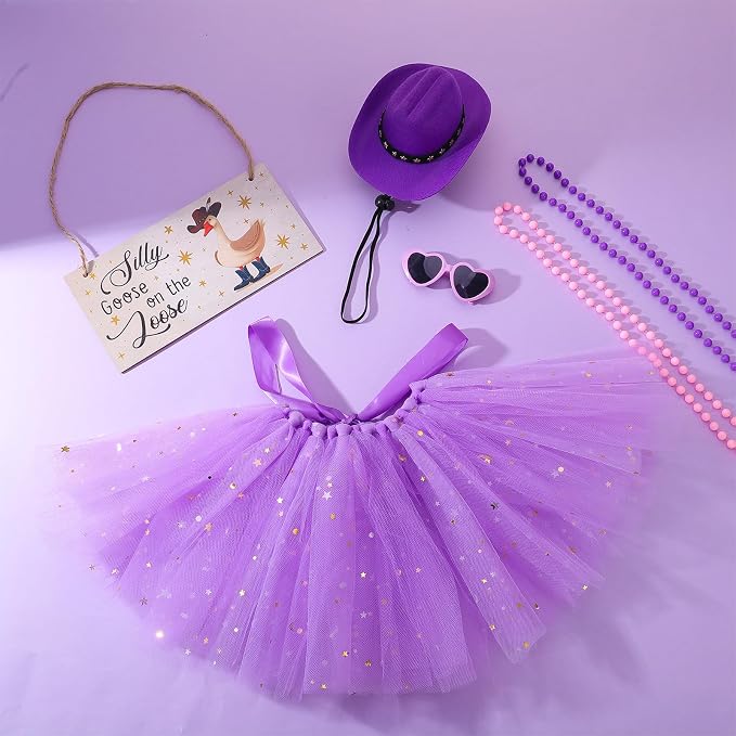 6pcs Purple Princess Porch Goose Outfits for 17-23 Inches | Tutu Skirt Cowboy Hat Glasses Necklaces Wooden Sign for Outdoor Garden Lawn Art Decor