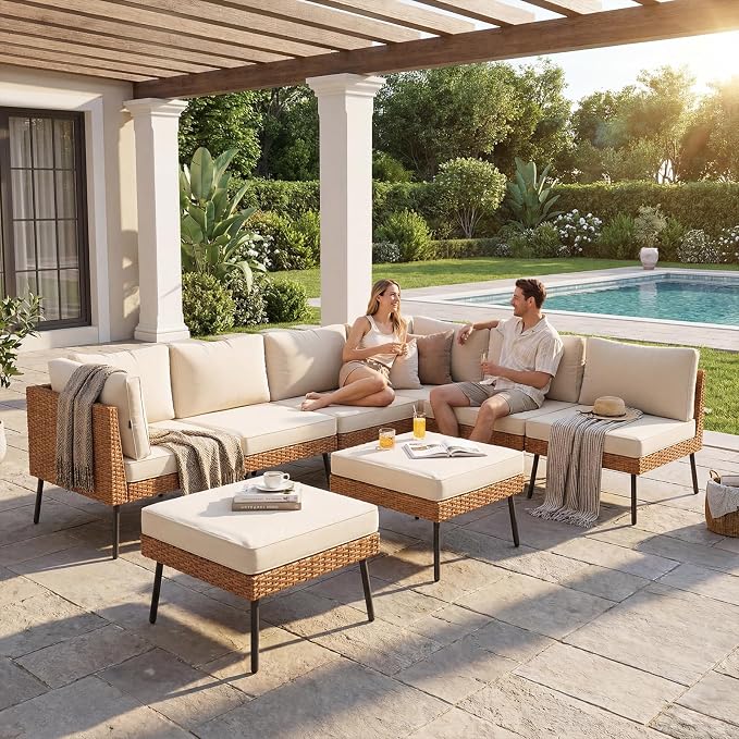Aoxun 8-Piece Patio Furniture Set, Wicker Outdoor Furniture with Water Resistant Thick Cushions, Patio Conversation Set Outdoor Sectional Sofa with Coffee Table for Backyard Poolside, Beige