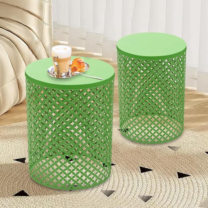 Side Table Set of 2, Iron Side Table 14.6x19.3In & 12.6x16.5In, Metal Accent Table with Openwork Flower Pattern, Cylindrical Freestanding Outdoor End Table for Patio Garden Living Room (Green)