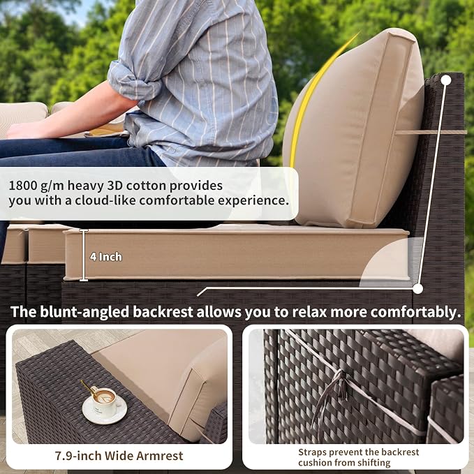Gotland 10 Pieces Patio Furniture Set with 2 Swivel Rocking Chairs 1 Fire Pit Table, Patio Furniture in 4 Combinations with 1 Coffee Table Wide Armrests 29.5'' High Backrest,for Deck Garden Pool Khaki