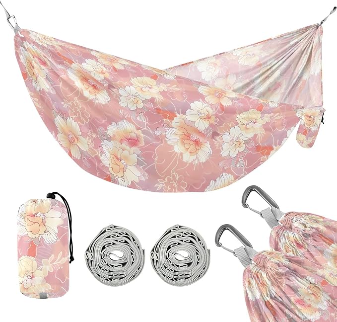 Camping Hammock Outdoor Hammocks for Outside Peony Flower Salmon Beach Trees Portable Lightweight with Pockets Tree Straps Indoor