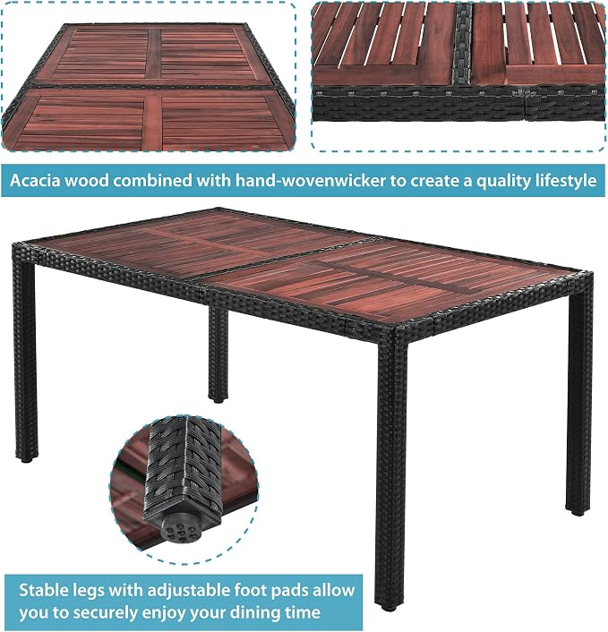 7-Piece Outdoor Patio Dining Set, Garden PE Rattan Wicker Dining Table and Chairs Set, Acacia Wood Tabletop, Stackable Armrest Chairs with Cushions (Reddish-Brown ~009)