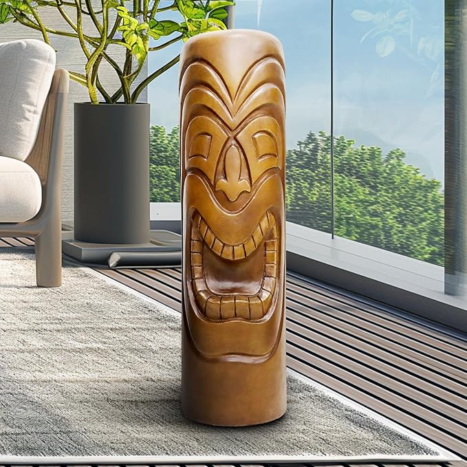 SKYFIRE Outdoor Decorative Statues - 35.8”H The Grande Tiki God Kanaloa Teeth Indoor Ornamental Outdoor Statues for Garden, Patio, Backyard, Lawn, House, Office Decor -Concrete, Wood Tone Finish