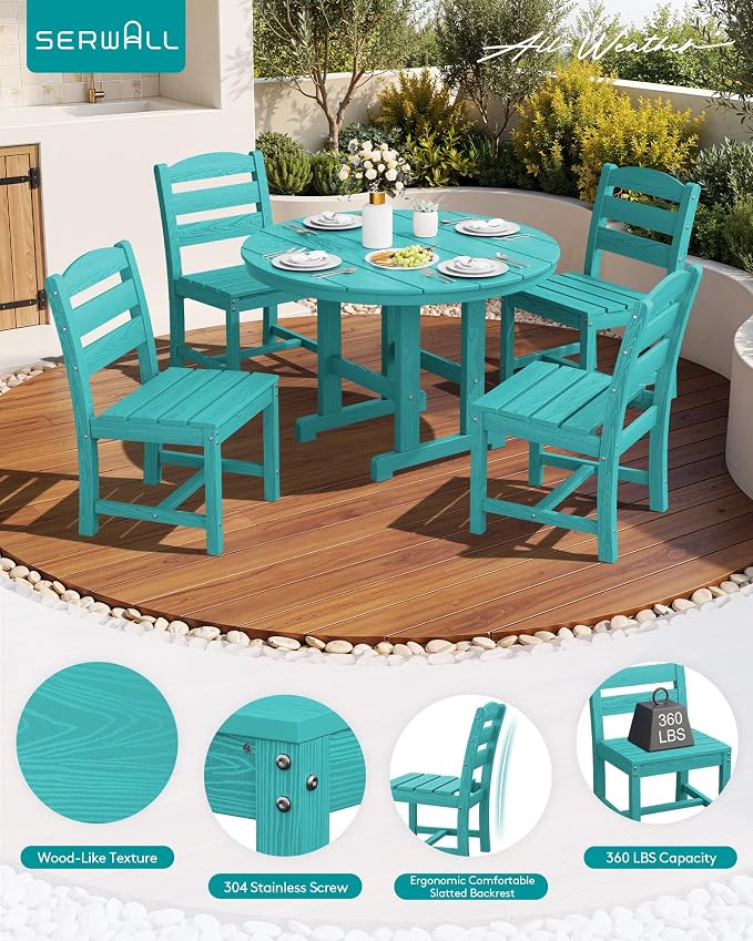 SERWALL 5-Piece Patio Dining Sets, HDPE Outdoor Table and Chairs Furniture Set, 45" Round Dining Table and 4 Armless Dining Chairs, Aruba