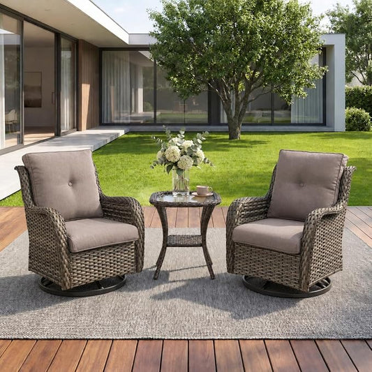 Rilyson Wicker Rocking Chair Swivel Chairs - 3 Piece Rocker Patio Furniture Set Rattan Rocking Bistro Sets with Glass Top Side Table for Outdoor Porch Deck Garden Backyard (Mixed Grey/Grey)