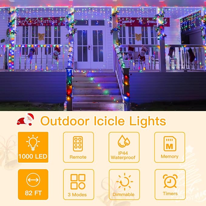 Ollny Icicle Lights for Outside 1000LED 82FT, Multicolor Christmas Light with Remote 8Modes Timers Waterproof Dimmable, Plug in Hanging Lights for Outdoor Indoor House Roof Holiday