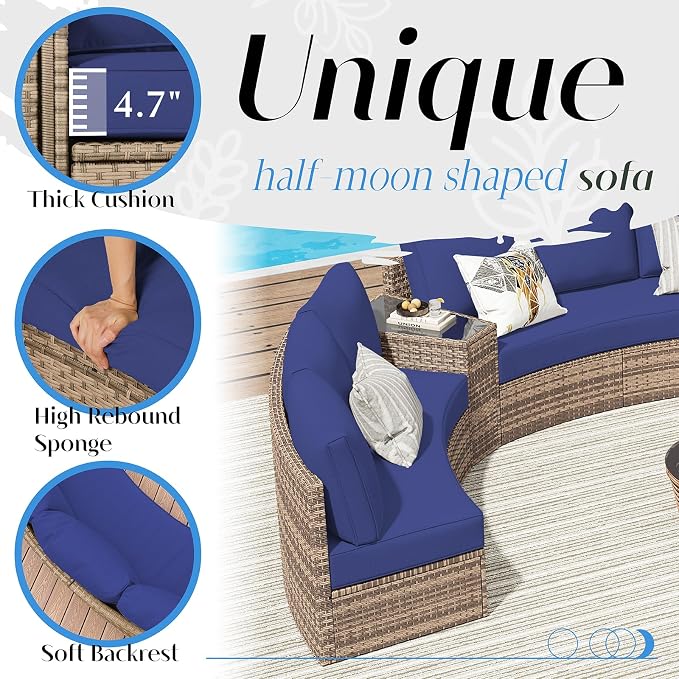 LUXOAK 11-Piece Wicker Patio Furniture Set with Storage Wedge Table, Waterproof Half-Moon Sectional Sofa with Cushions, Rattan Outdoor Conversation Set for Garden, Pool, Beach & Balcony, Blue
