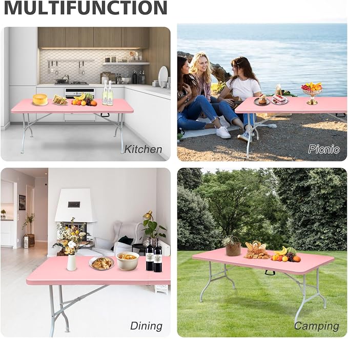 Portable 6Ft Folding Table, Heavy Duty Plastic Fold-in-Half Utility Foldable Dining Table, Multi-Purpose Plastic Folding Table with Carrying Handle for Camping and Party Indoor/Outdoor (Pink)